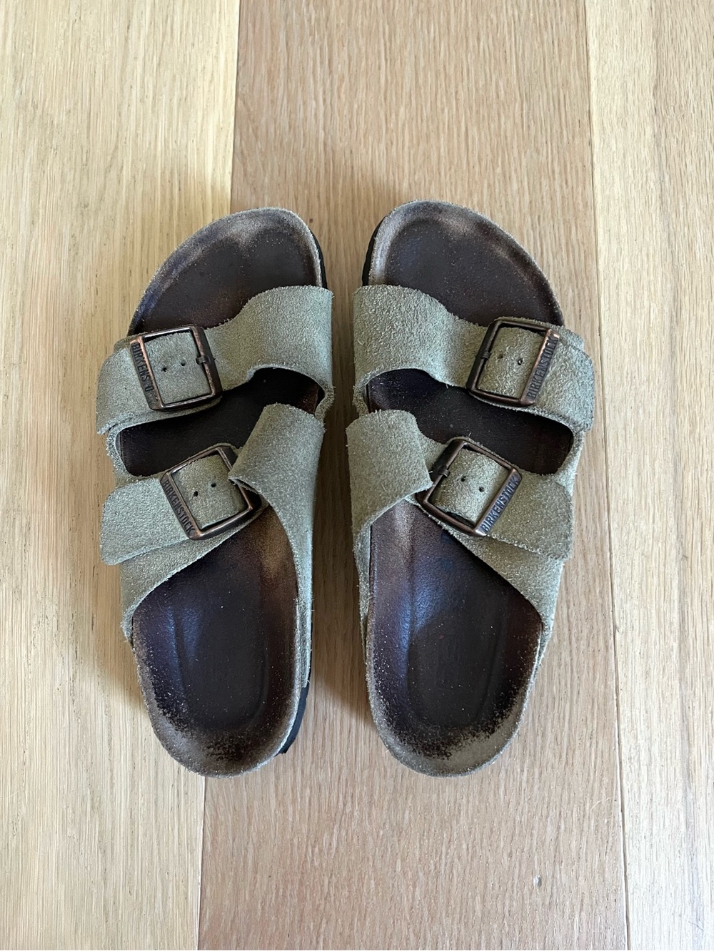Birkenstock Suede Double Strap Sandals in Olive Green with Brown Footbed